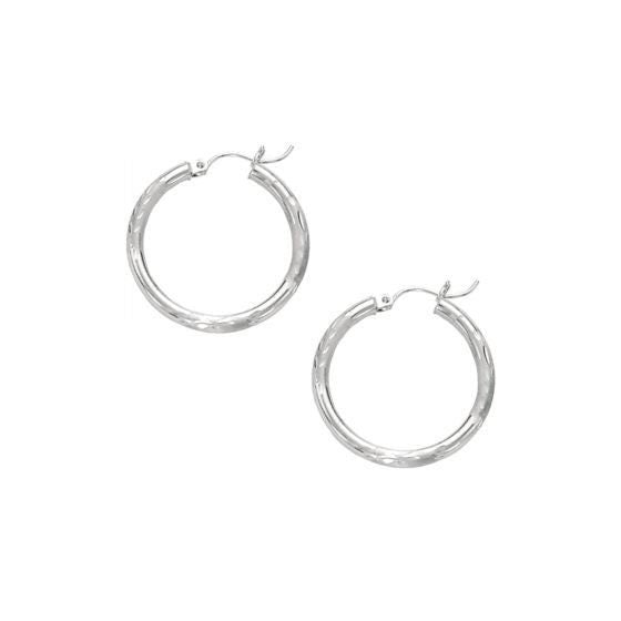 14K White Gold 15mm 25mm 35mm Diamond Cut and Polished Design Hoop Earrings, 3mm Thick, Texture Hoops, Tube Earrings, Women