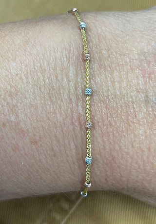 14K Tri-color Gold 9.25" Adjustable Stationed Diamond Cut Beads Friendship Bracelet, Bolo Bracelet, Real Gold, Women