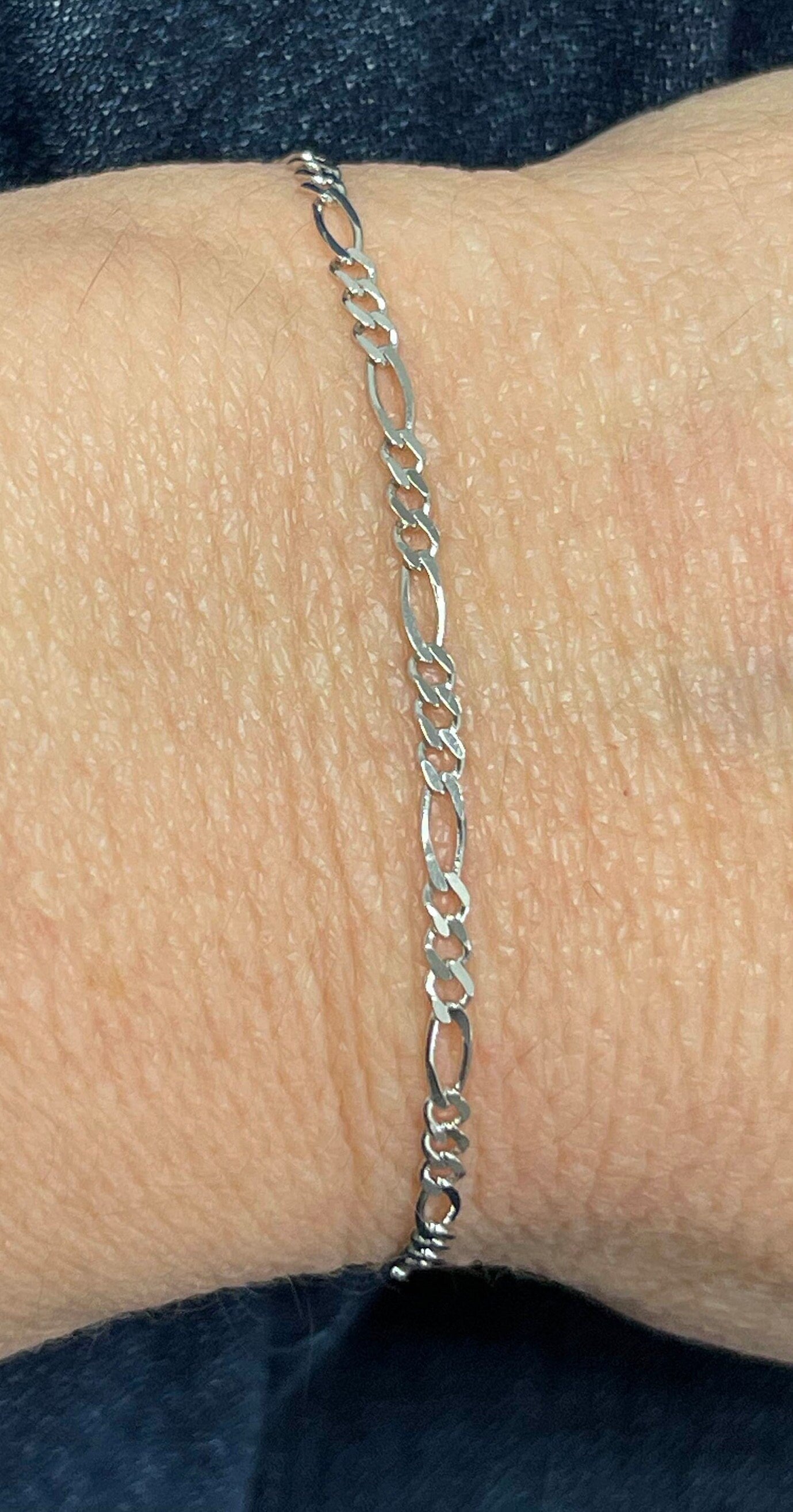 Solid 14K White Gold 7" Figaro Chain Bracelet, 2.6mm wide