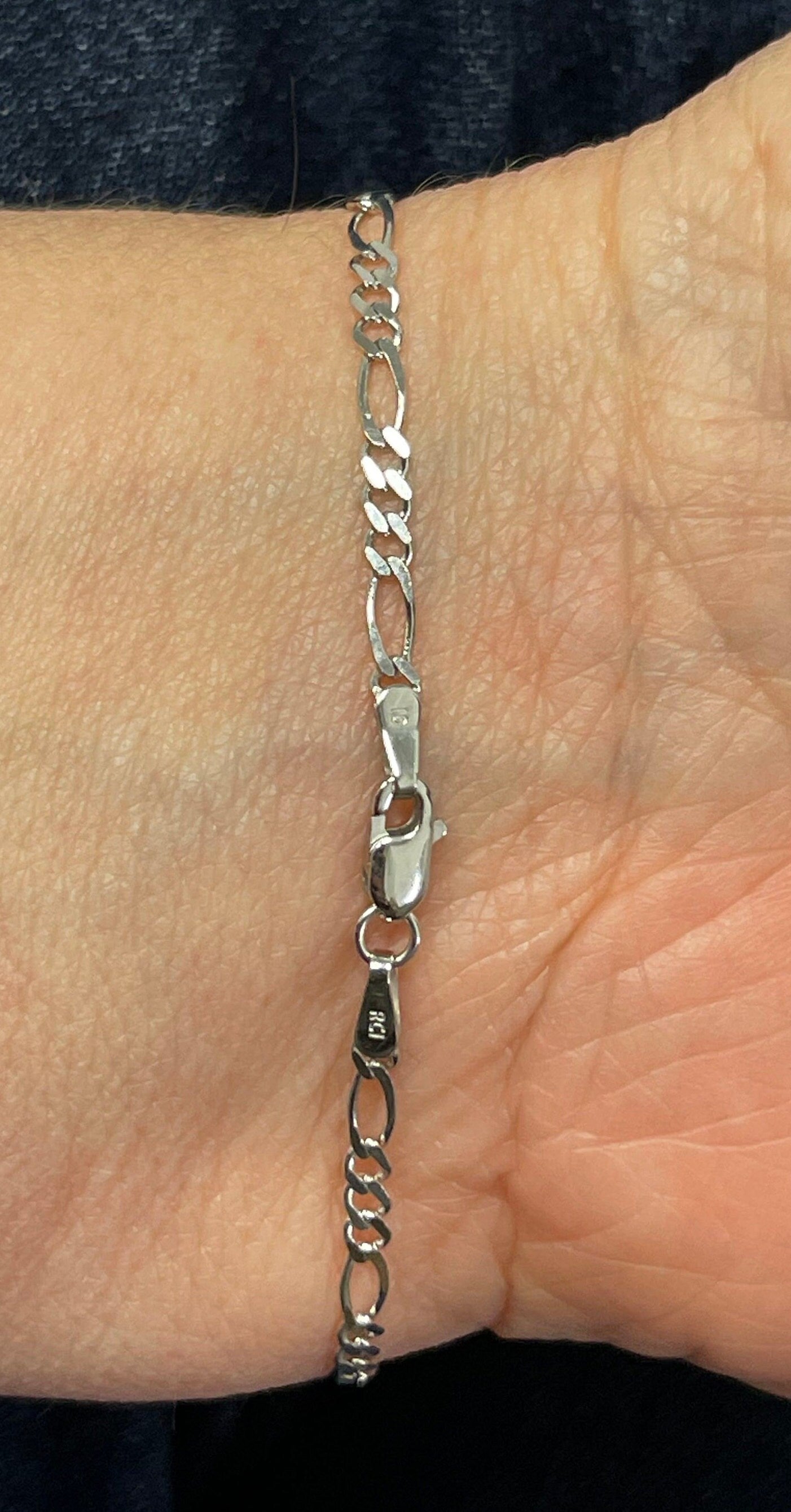 Solid 14K White Gold 7" Figaro Chain Bracelet, 2.6mm wide