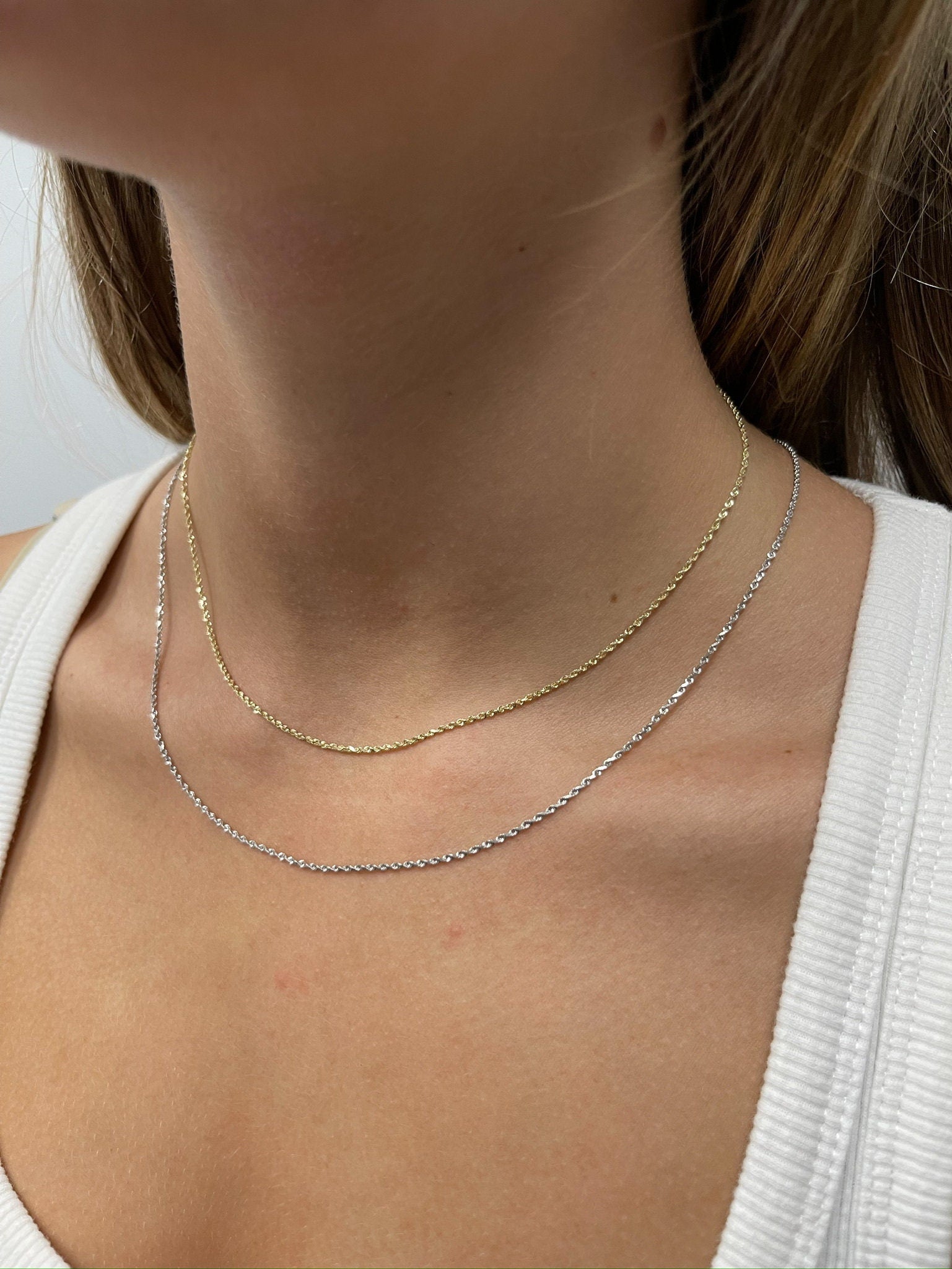 Solid 14K Yellow Gold Diamond Cut Rope Chain With Lobster Lock, 1.4mm Wide, 16" 18" 20" 22" 24", Real Gold Necklace, White Gold, Women