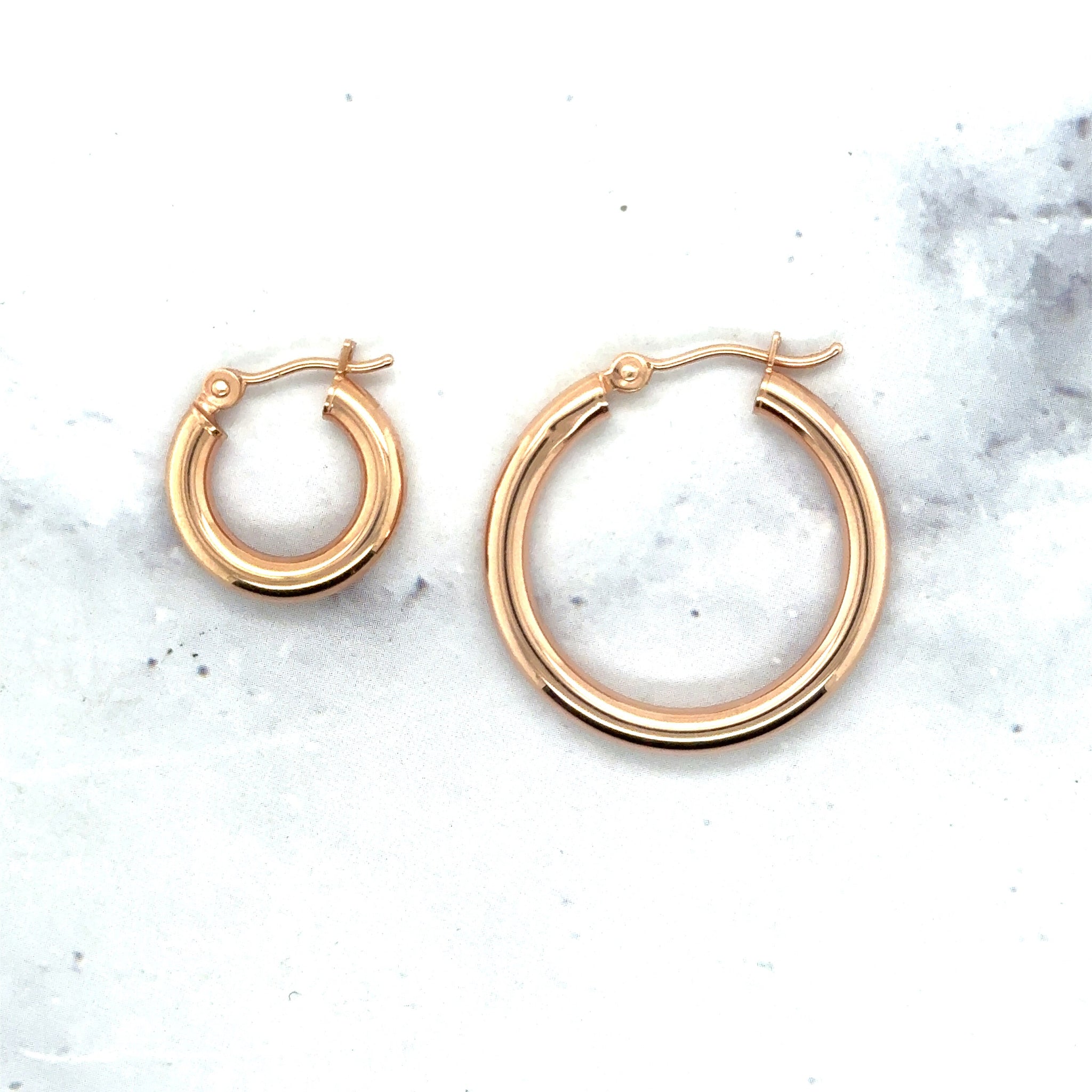 14K Rose Gold 15mm 25mm Polished Hoop Earrings with Hinged Closure, 3mm Thick, Tube Earrings, Real Gold Earrings