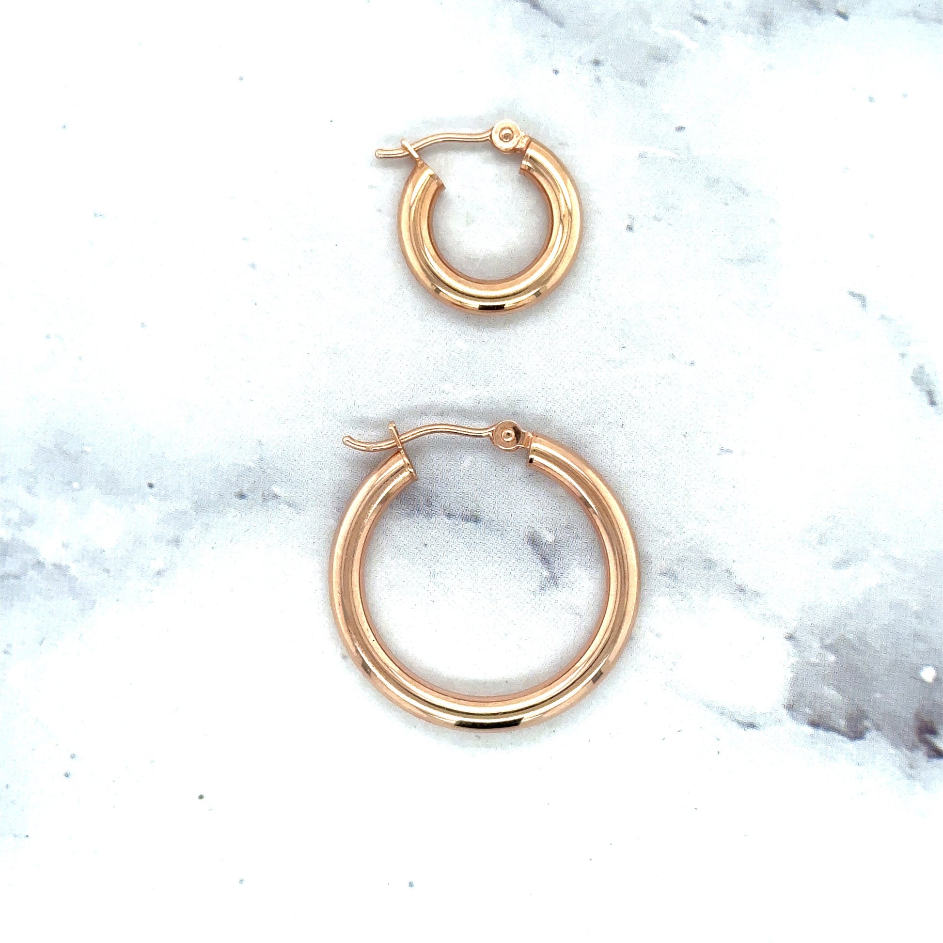 14K Rose Gold 15mm 25mm Polished Hoop Earrings with Hinged Closure, 3mm Thick, Tube Earrings, Real Gold Earrings