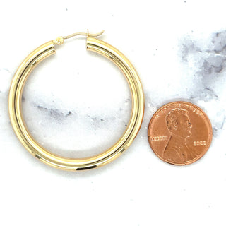 14K Yellow Gold 25mm 30mm 40mm Hoop Earrings with Hinged Clasp, 4mm Thick, Real Gold Hoops, Tube Earrings