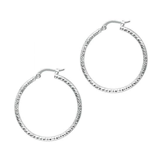 14K White Gold 25mm Sparkly Round Diamond Cut Hoop Earrings, 1.5mm Thick, Textured Hoops, Women Hoop Earrings