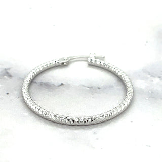 14K White Gold 25mm Sparkly Round Diamond Cut Hoop Earrings, 1.5mm Thick, Textured Hoops, Women Hoop Earrings