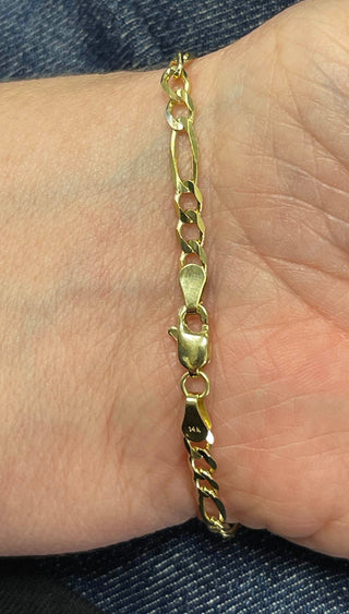 Solid 14K Gold 7" Figaro Chain Bracelet, 3.8mm wide, Real Gold Bracelet, Women, Unisex