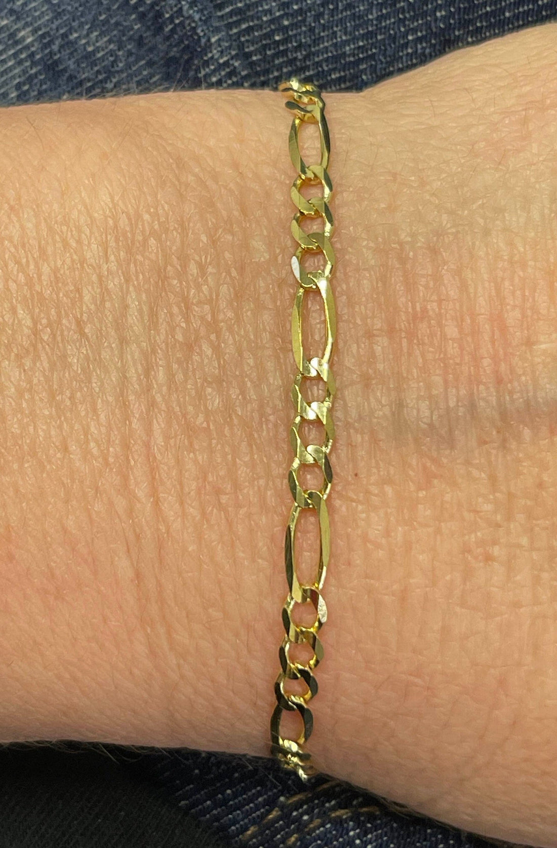 Solid 14K Gold 7" Figaro Chain Bracelet, 3.8mm wide, Real Gold Bracelet, Women, Unisex