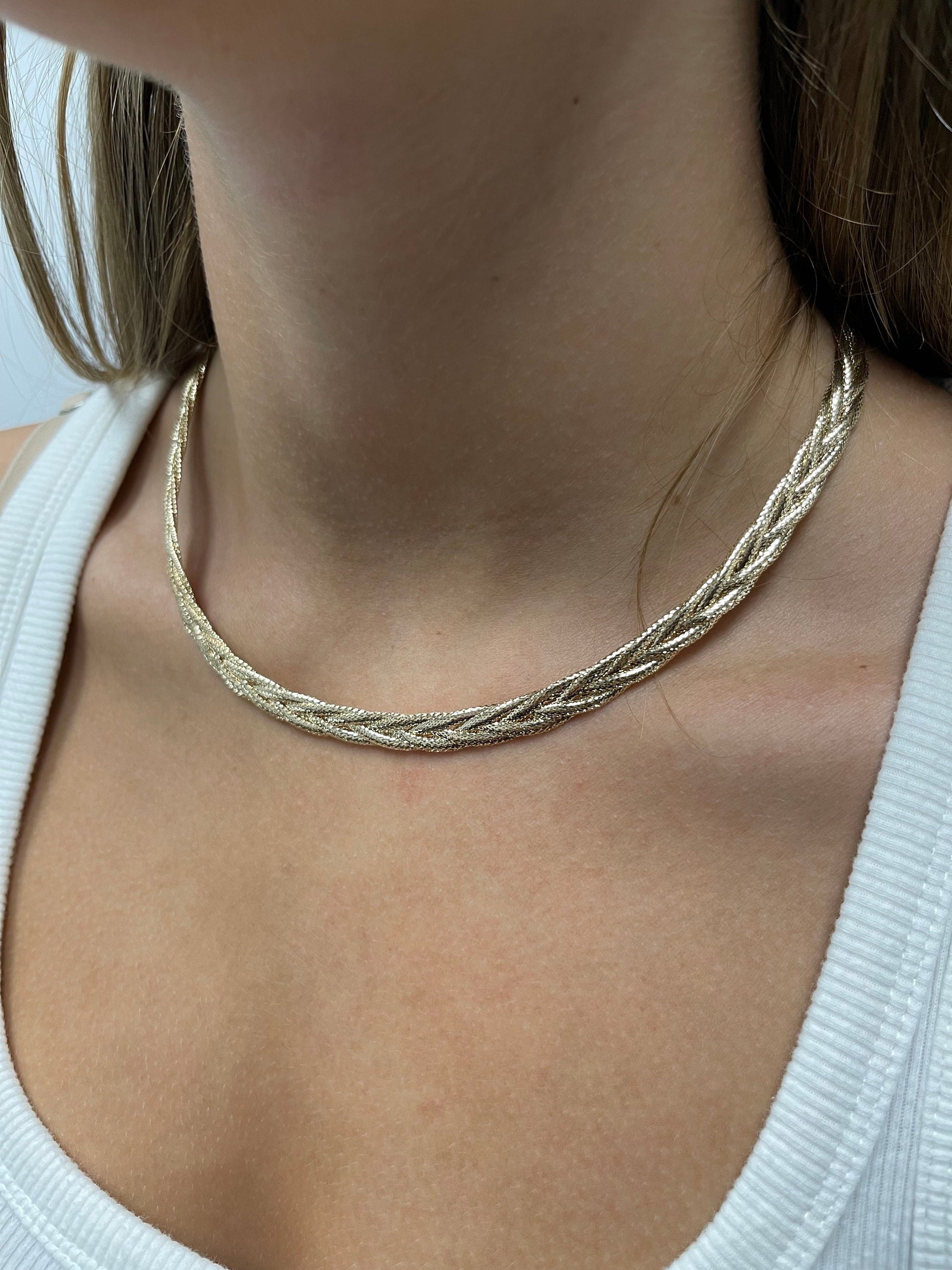 14K Yellow Gold 18" Textured Woven Necklace, 6mm Wide, Braided Chain, Rapunzel Chain, Real Gold Necklace, Women