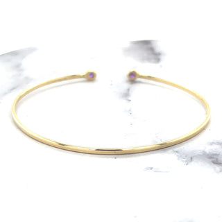 14K Yellow Gold 3mm Round Amethyst Open Cuff Bangle Bracelet, Gemstone Jewelry, Real Gold Bangle, Women