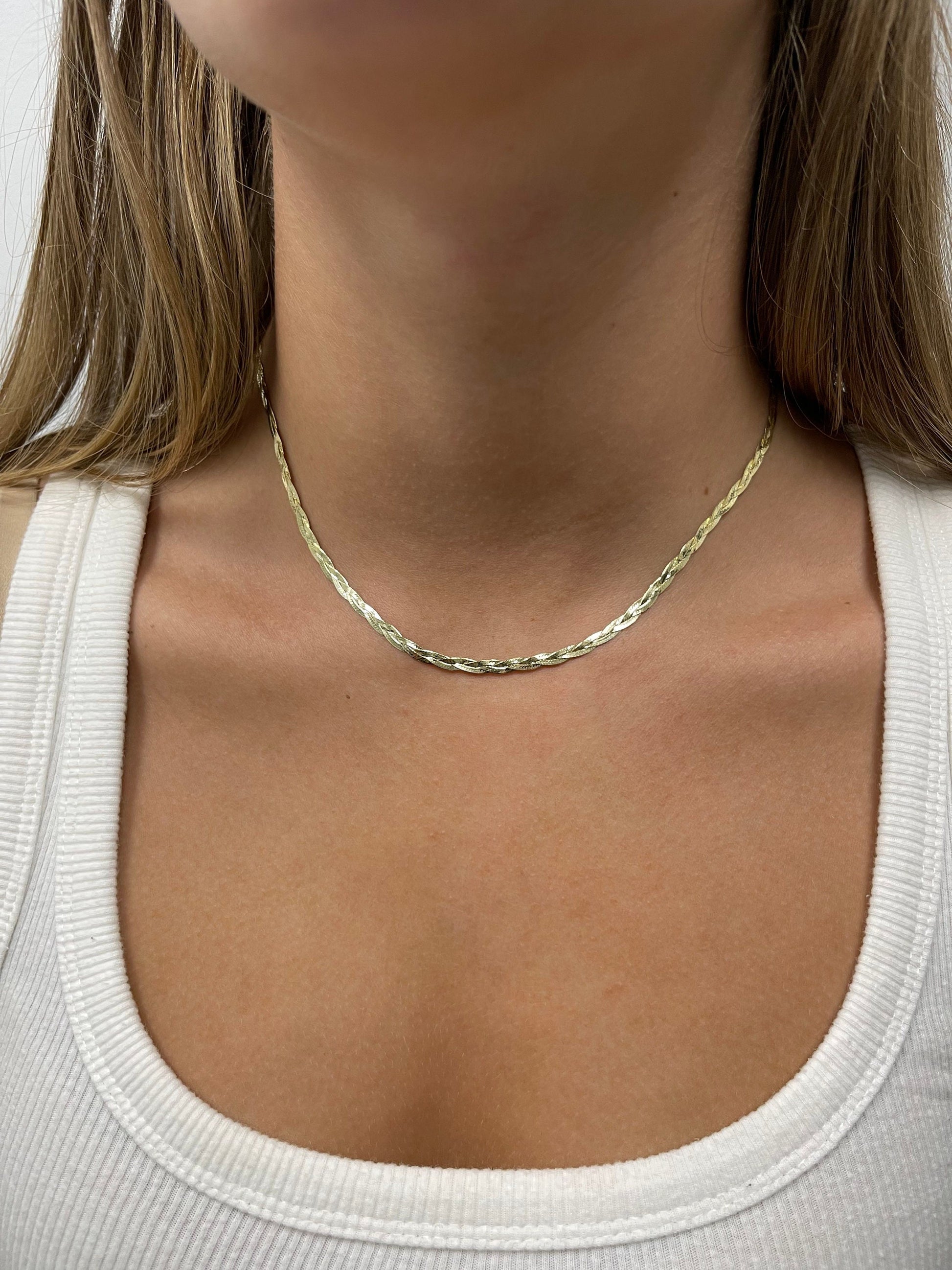 Solid 14K Yellow Gold 16" 18" 20" Braided Herringbone Necklace with Lobster Clasp, 3.2mm Wide, Serpentine Chain, Real Gold Necklace, Women