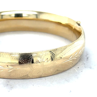 14K Yellow Gold 13.5mm Floral Leaf Bangle, Floral Pattern, 7" 8" Bangle, Stackable Bracelet, Real Gold Bangle, Women