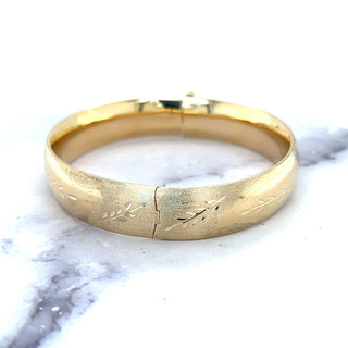 14K Yellow Gold 13.5mm Floral Leaf Bangle, Floral Pattern, 7" 8" Bangle, Stackable Bracelet, Real Gold Bangle, Women