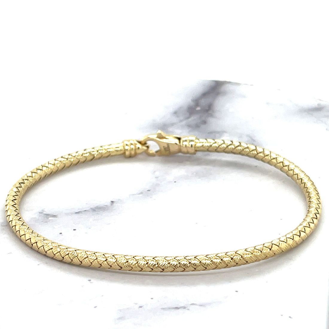 14K Yellow Gold 3.4mm Weaved Bangle With Lobster Clasp, 7.25" Bangle, Real Gold Bracelet, Women