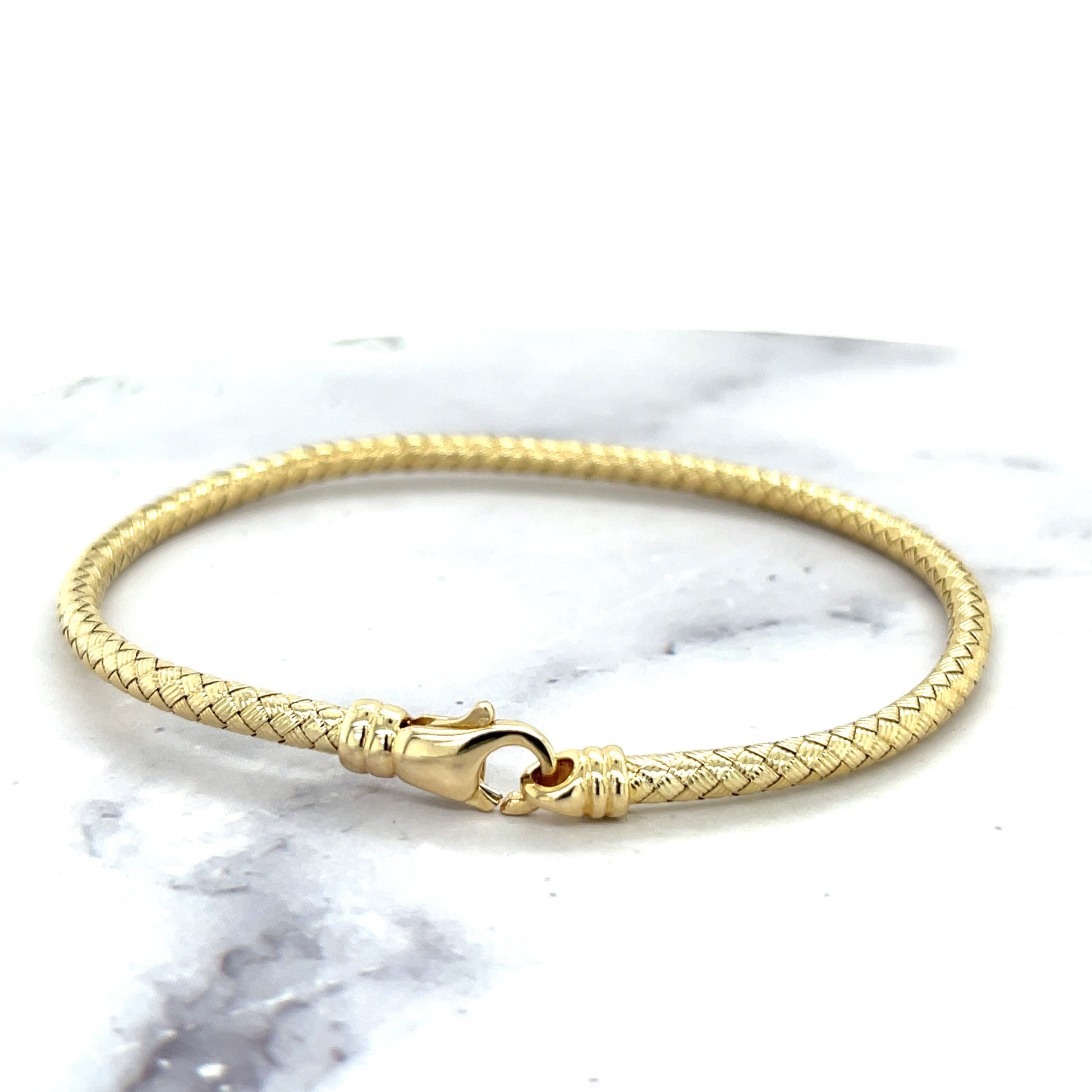 14K Yellow Gold 3.4mm Weaved Bangle With Lobster Clasp, 7.25" Bangle, Real Gold Bracelet, Women