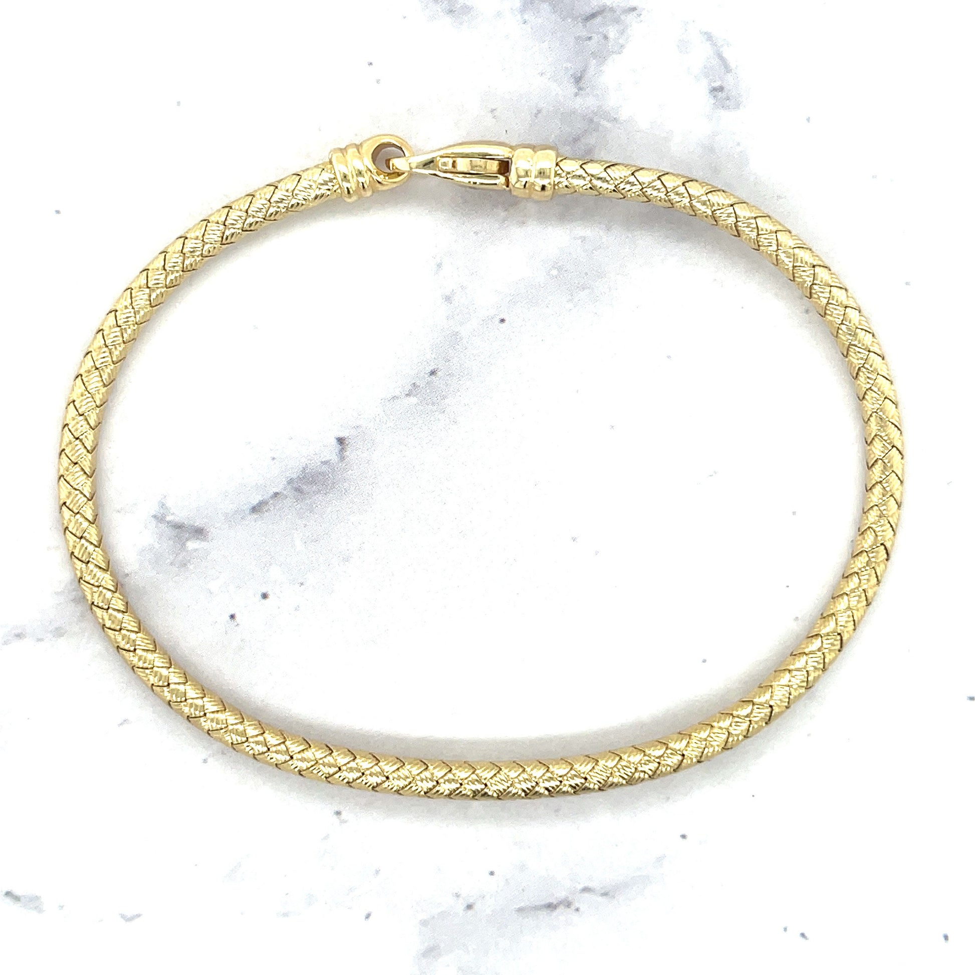 14K Yellow Gold 3.4mm Weaved Bangle With Lobster Clasp, 7.25" Bangle, Real Gold Bracelet, Women