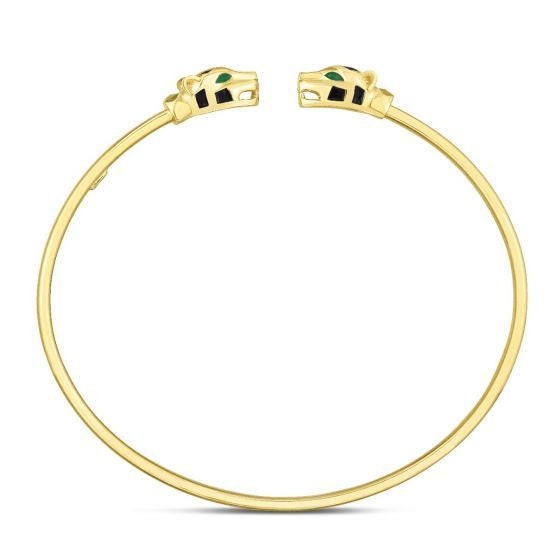 14K Yellow Gold 3mm Open Cuff Panther Bangle with Green & Black Enamel Accent, Real Gold Bangle, Women