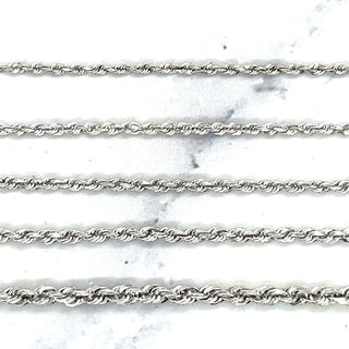 Solid 14K White Gold 7" Diamond Cut Rope Chain with Lobster Lock, 1.6mm 1.8mm 2mm 2.5mm 3mm Wide, Real Gold Bracelet, Women