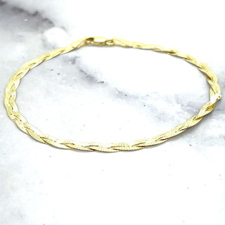 Solid 14K Yellow Gold 7" Braided Herringbone Bracelet with Lobster Clasp, 3.2mm Wide, Serpentine Chain, Real Gold Bracelet, Women