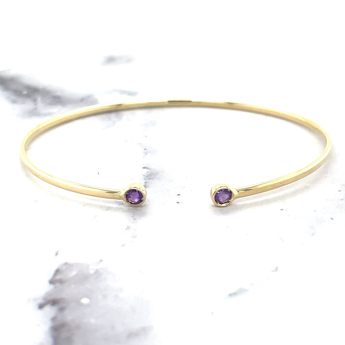 14K Yellow Gold 3mm Round Amethyst Open Cuff Bangle Bracelet, Gemstone Jewelry, Real Gold Bangle, Women