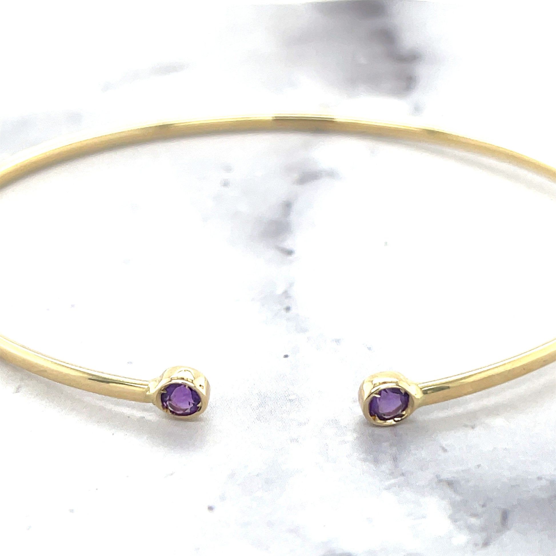 14K Yellow Gold 3mm Round Amethyst Open Cuff Bangle Bracelet, Gemstone Jewelry, Real Gold Bangle, Women