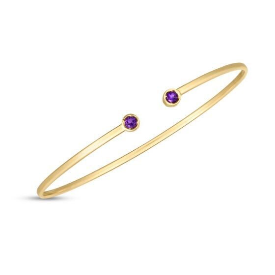 14K Yellow Gold 3mm Round Amethyst Open Cuff Bangle Bracelet, Gemstone Jewelry, Real Gold Bangle, Women