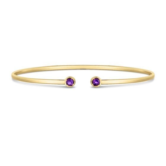 14K Yellow Gold 3mm Round Amethyst Open Cuff Bangle Bracelet, Gemstone Jewelry, Real Gold Bangle, Women