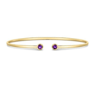 14K Yellow Gold 3mm Round Amethyst Open Cuff Bangle Bracelet, Gemstone Jewelry, Real Gold Bangle, Women