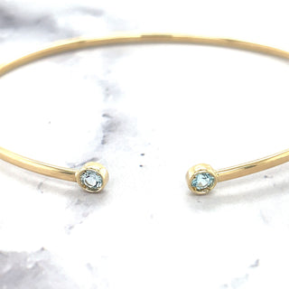 14K Yellow Gold 3mm Blue Topaz Open Cuff Bangle Bracelet, Gemstone Jewelry, Real Gold Bangle, Women