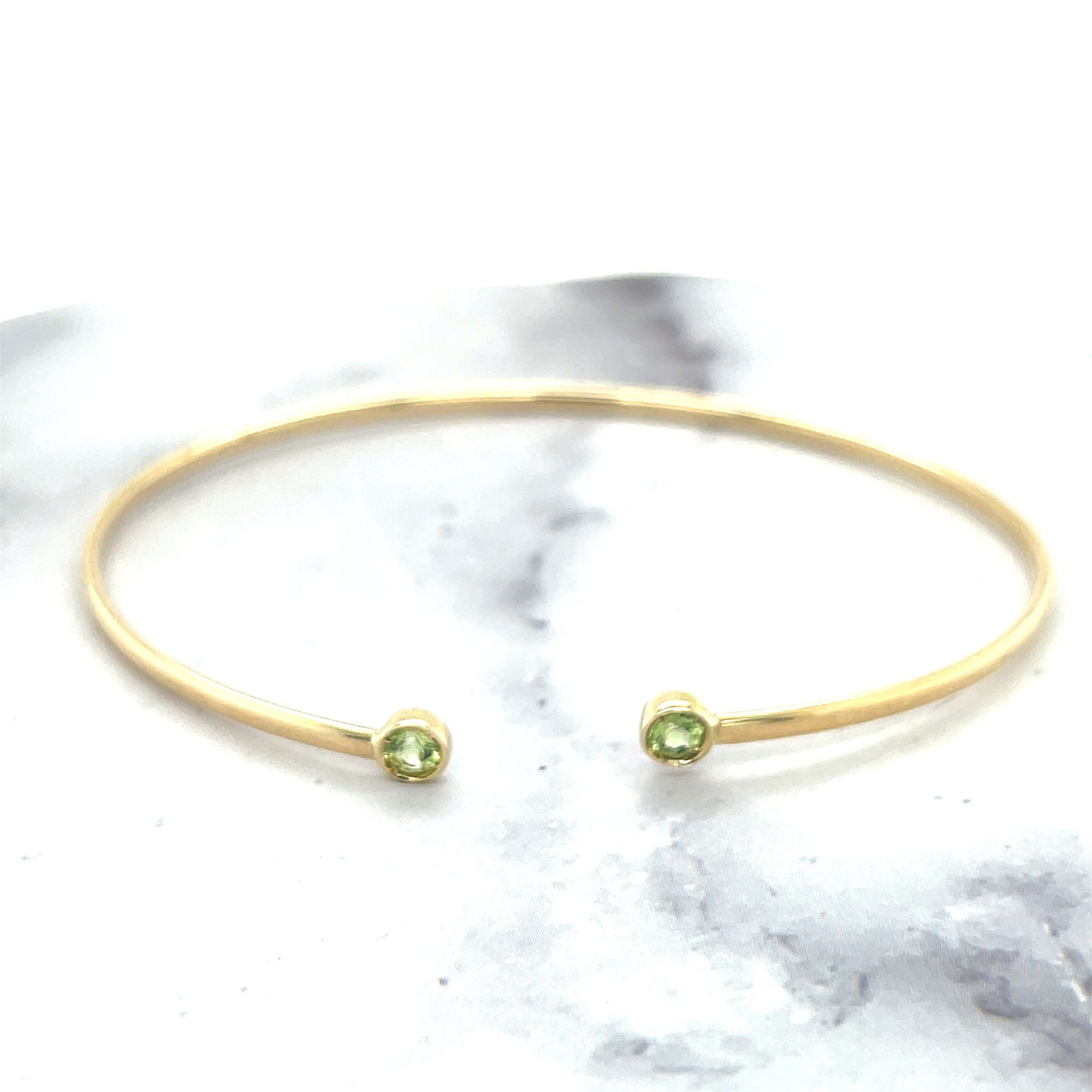 14K Yellow Gold 3mm Peridot Open Cuff Bangle Bracelet, Gemstone Jewelry, Real Gold Bangle, Women