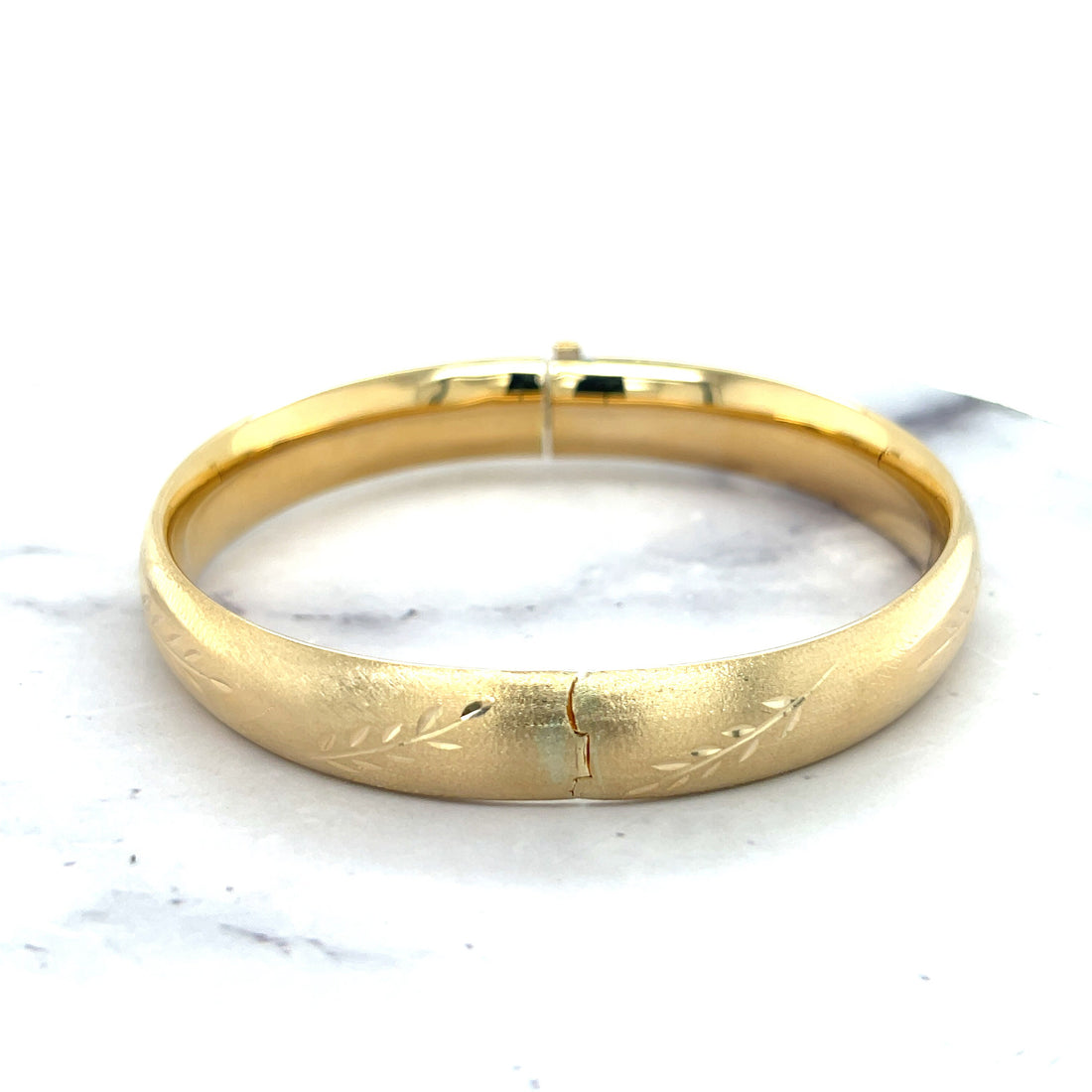 14K Yellow Gold 10mm Floral Leaf Bangle, Floral Pattern, 7" 8" Bangle, Stackable Bracelet, Real Gold Bangle, Women