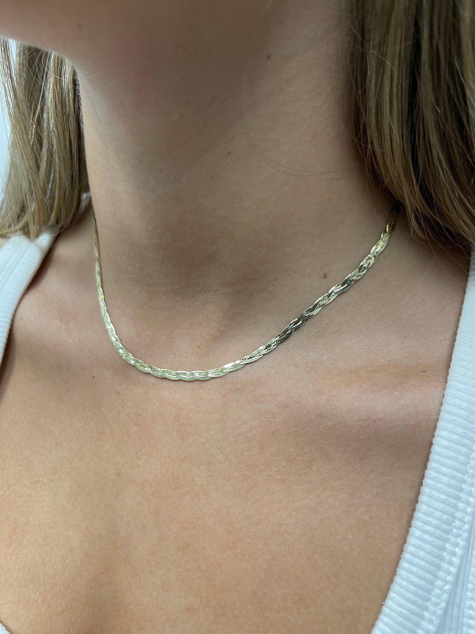 Solid 14K Yellow Gold 16" 18" 20" Braided Herringbone Necklace with Lobster Clasp, 3.2mm Wide, Serpentine Chain, Real Gold Necklace, Women