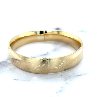 14K Yellow Gold 13.5mm Floral Leaf Bangle, Floral Pattern, 7" 8" Bangle, Stackable Bracelet, Real Gold Bangle, Women