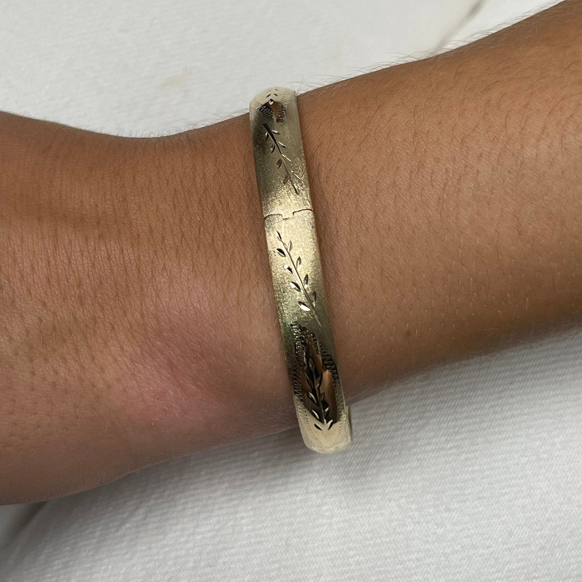 14K White Gold 8mm Floral Leaf Bangle, Floral Pattern, 7" 8" Bangle, Wide Bangle, Yellow Gold, Stackable Bracelet, Real Gold Bangle, Women