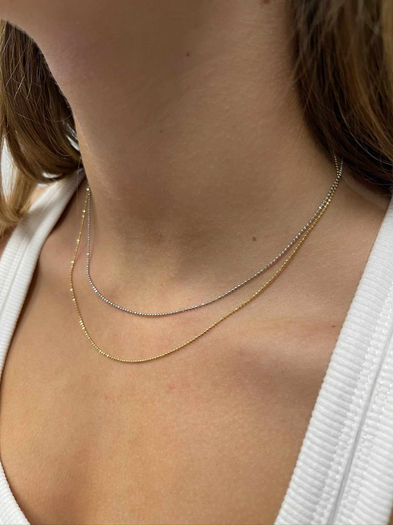 Solid 14K Yellow Gold 18" Diamond Cut Bead Chain with Lobster Clasp, 1mm Wide, Jump ring at 16", Dainty Necklace, Real Gold Chain, Women