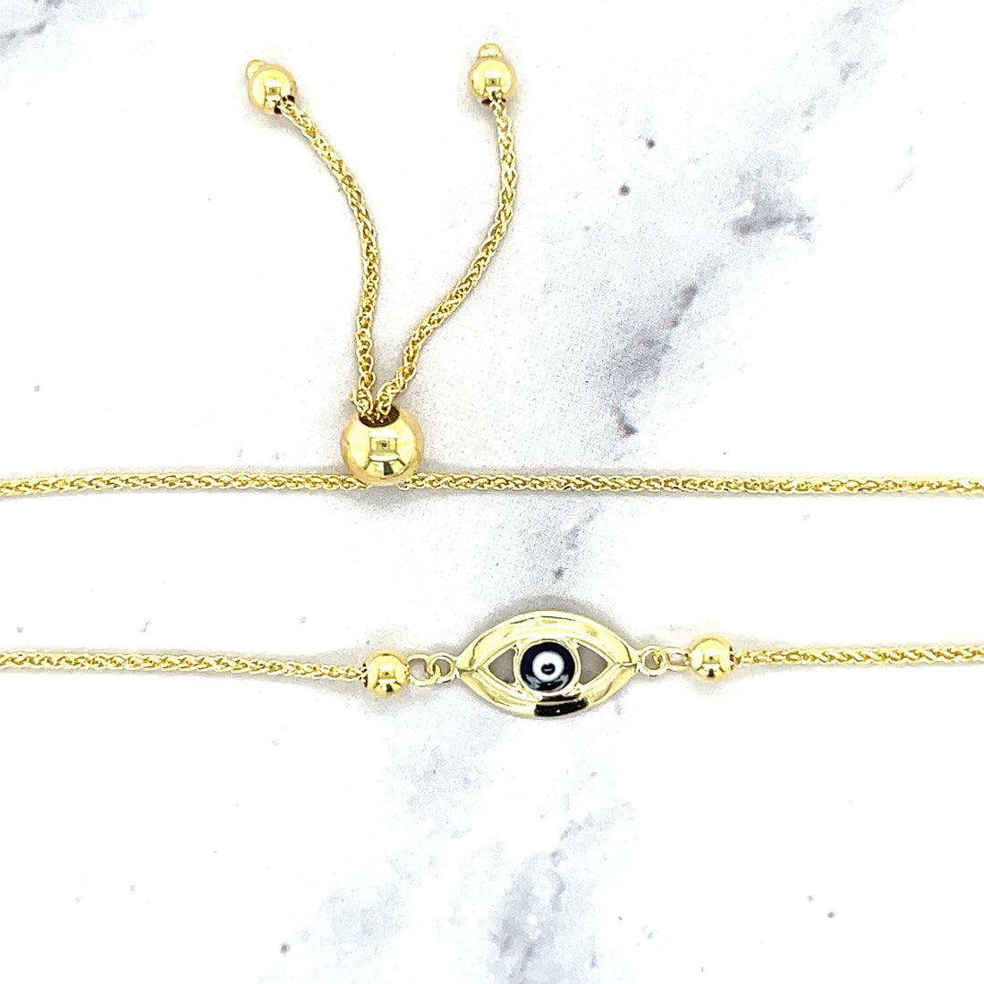 14K Yellow Gold 9.25" Evil Eye Friendship Wheat Chain Bracelet, Bolo Bracelet, Real Gold Bracelet, Women