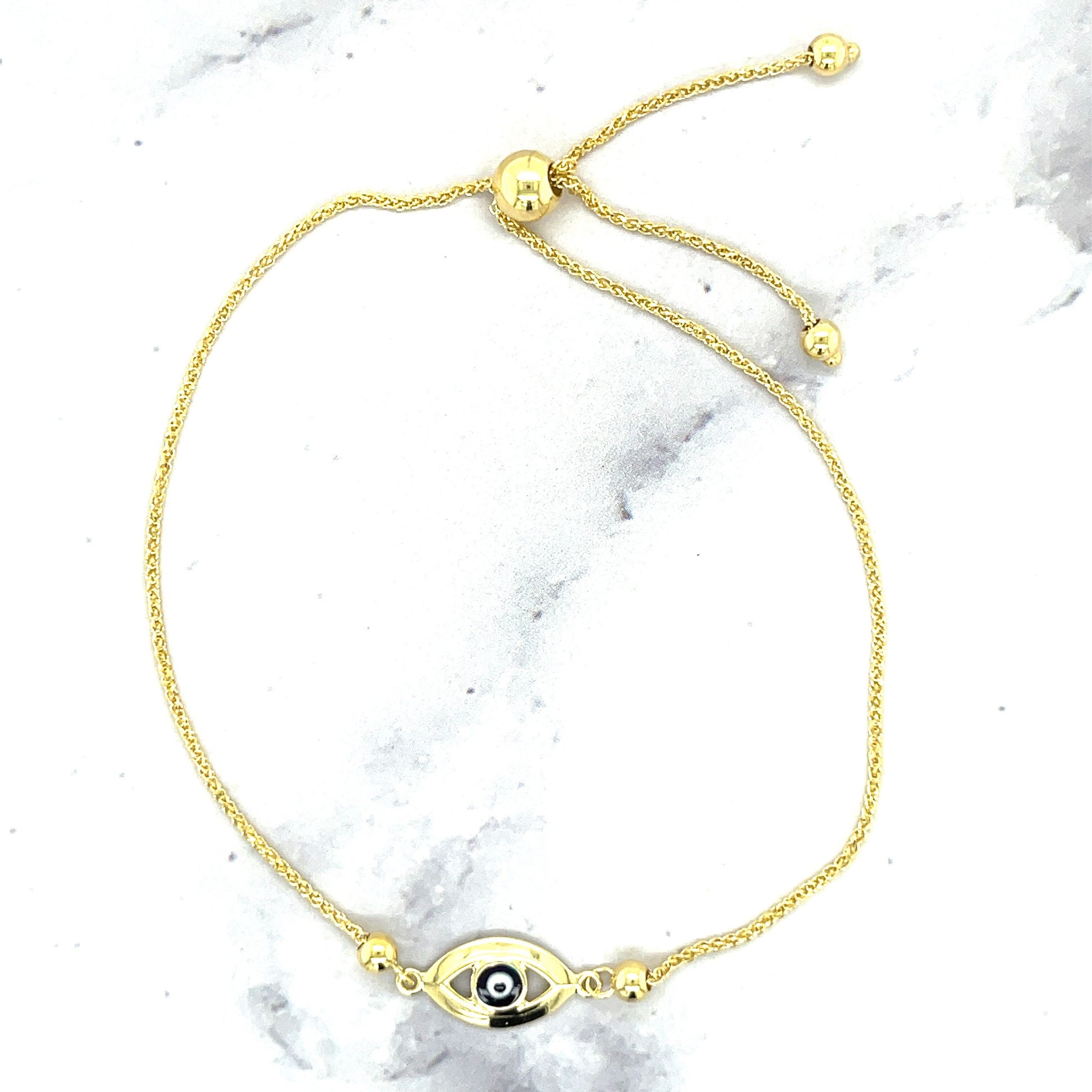 14K Yellow Gold 9.25" Evil Eye Friendship Wheat Chain Bracelet, Bolo Bracelet, Real Gold Bracelet, Women