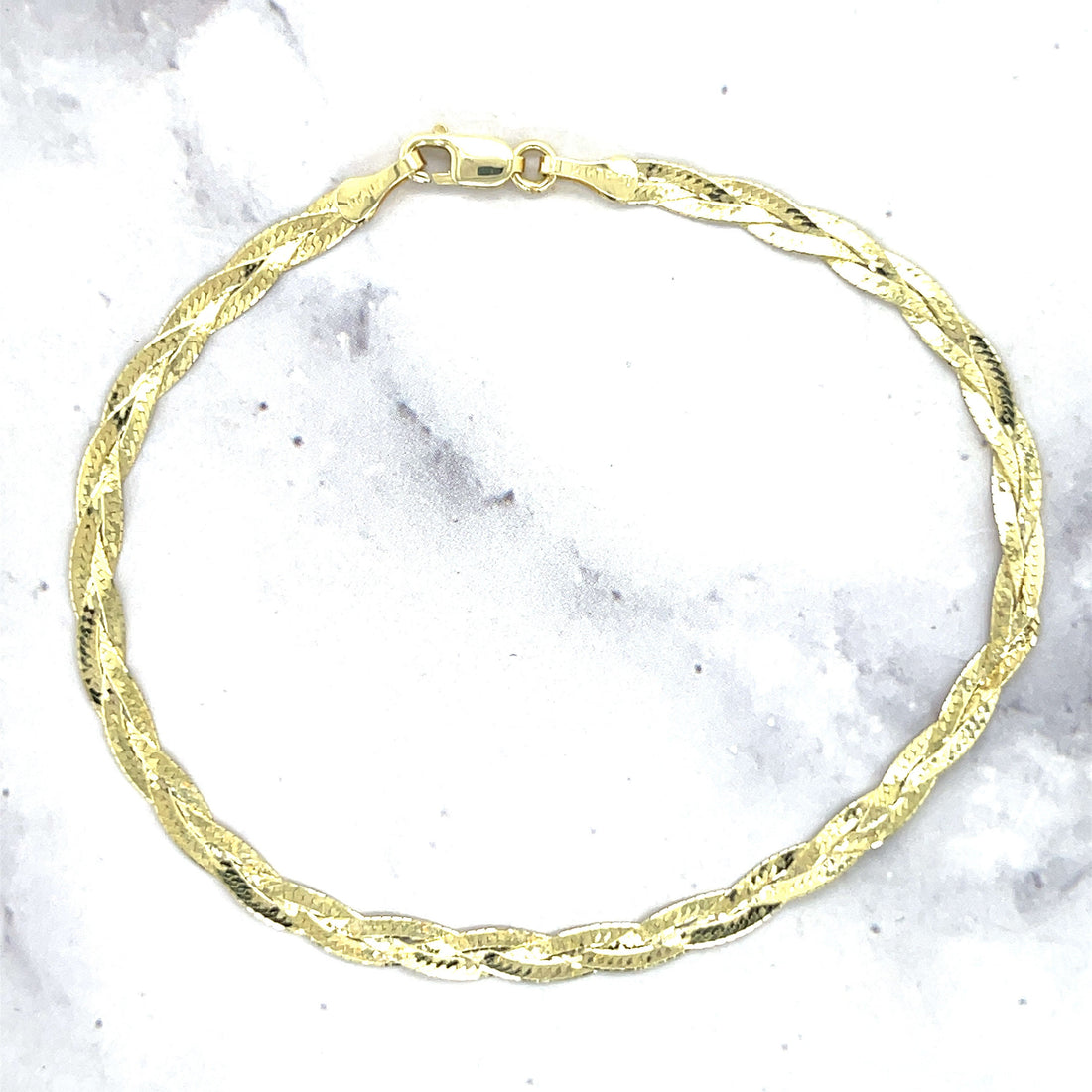 Solid 14K Yellow Gold 7" Braided Herringbone Bracelet with Lobster Clasp, 3.2mm Wide, Serpentine Chain, Real Gold Bracelet, Women