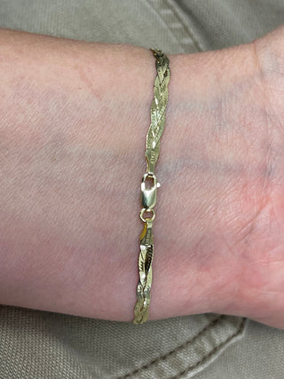 Solid 14K Yellow Gold 7" Braided Herringbone Bracelet with Lobster Clasp, 3.2mm Wide, Serpentine Chain, Real Gold Bracelet, Women