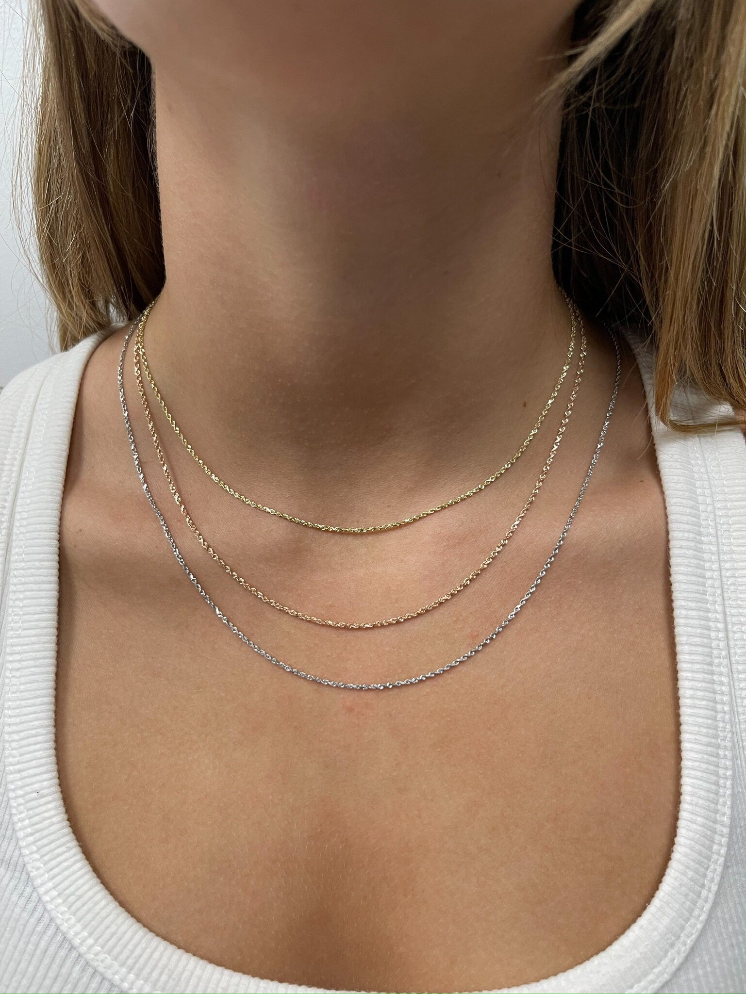 Solid 14K Gold 1.6mm Royal Rope Chain with Lobster Lock, 16" 18" 20" 22" 24" 30" Long, Yellow White Rose Gold, Real Gold Chain, Women