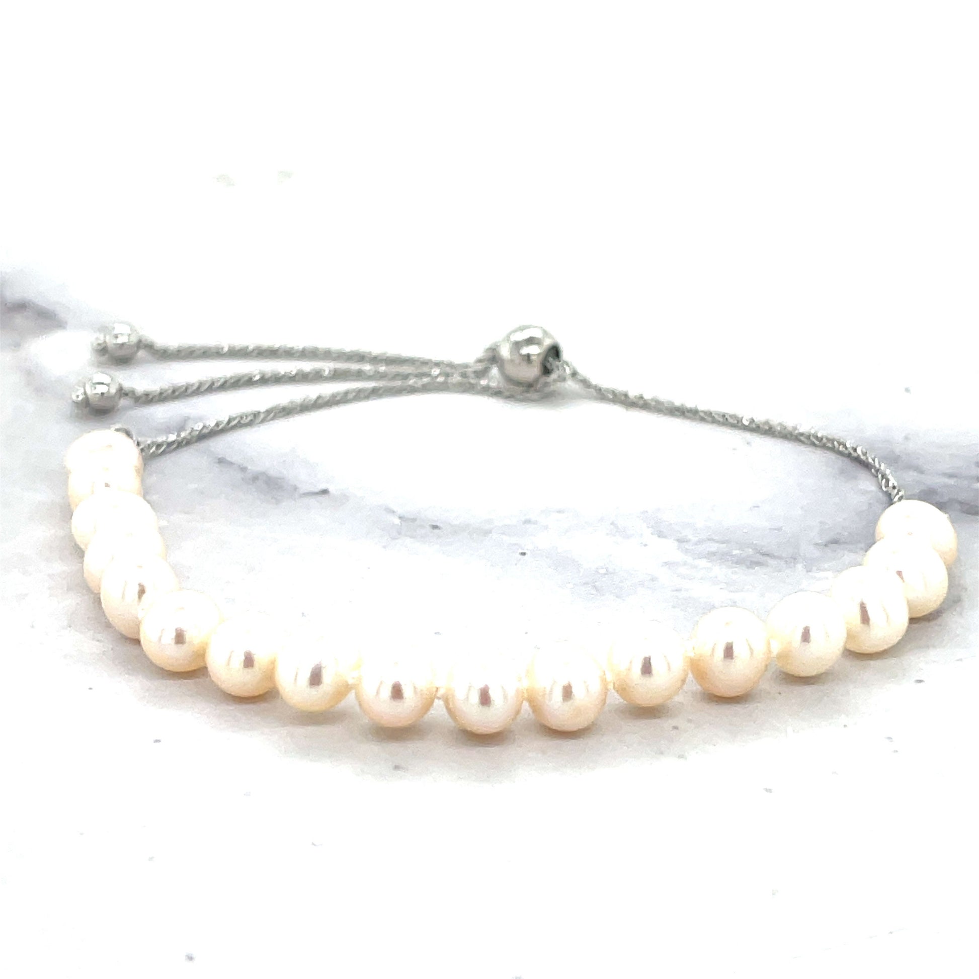 14K White Gold 9.25" Adjustable Cultured Pearl Friendship Bracelet, 4.5mm Wide, Bolo Bracelet, Real Gold Bracelet, Women