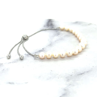 14K White Gold 9.25" Adjustable Cultured Pearl Friendship Bracelet, 4.5mm Wide, Bolo Bracelet, Real Gold Bracelet, Women