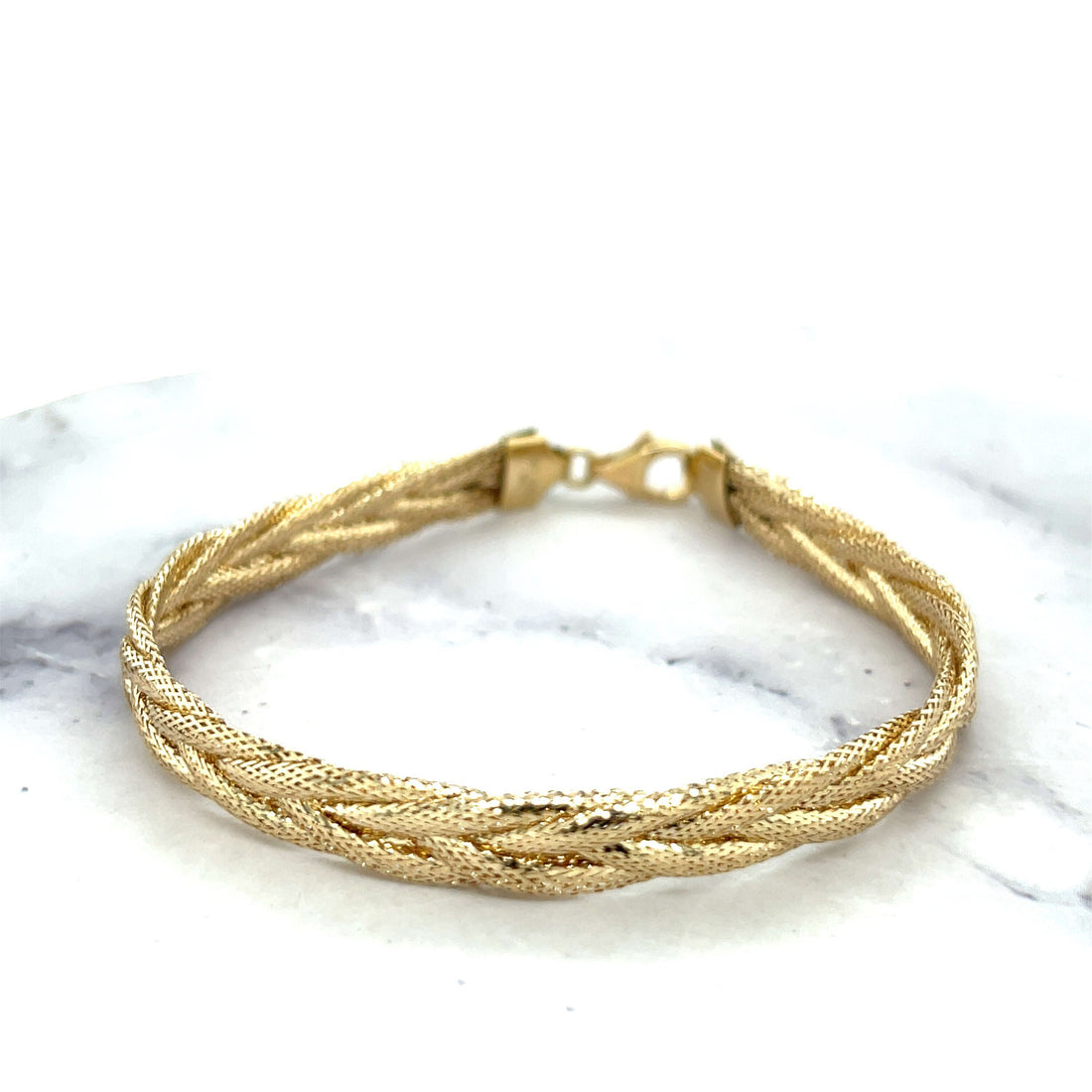 14K Yellow Gold 7.25" Textured Woven Bracelet, 6mm Wide, Braided Chain, Rapunzel Chain, Real Gold Bracelet, Women