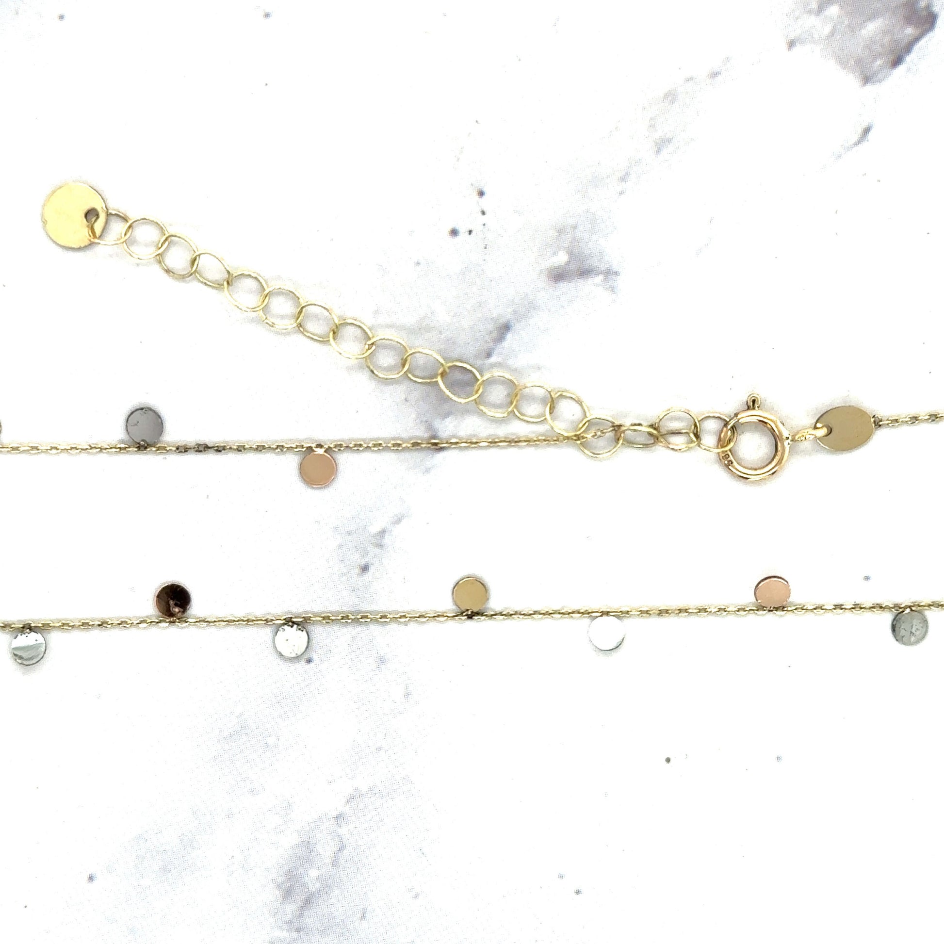 14K Tri-color Gold Dangling Circles Necklace, 18", Dainty Disc Chain, Yellow White Rose Gold, Real Gold Necklace, Women