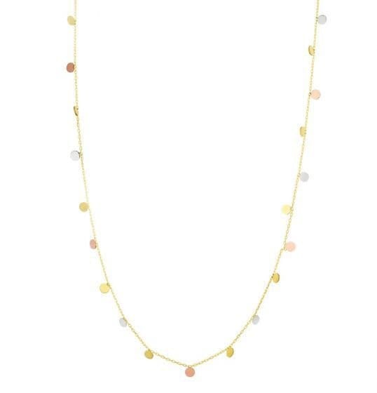 14K Tri-color Gold Dangling Circles Necklace, 18", Dainty Disc Chain, Yellow White Rose Gold, Real Gold Necklace, Women