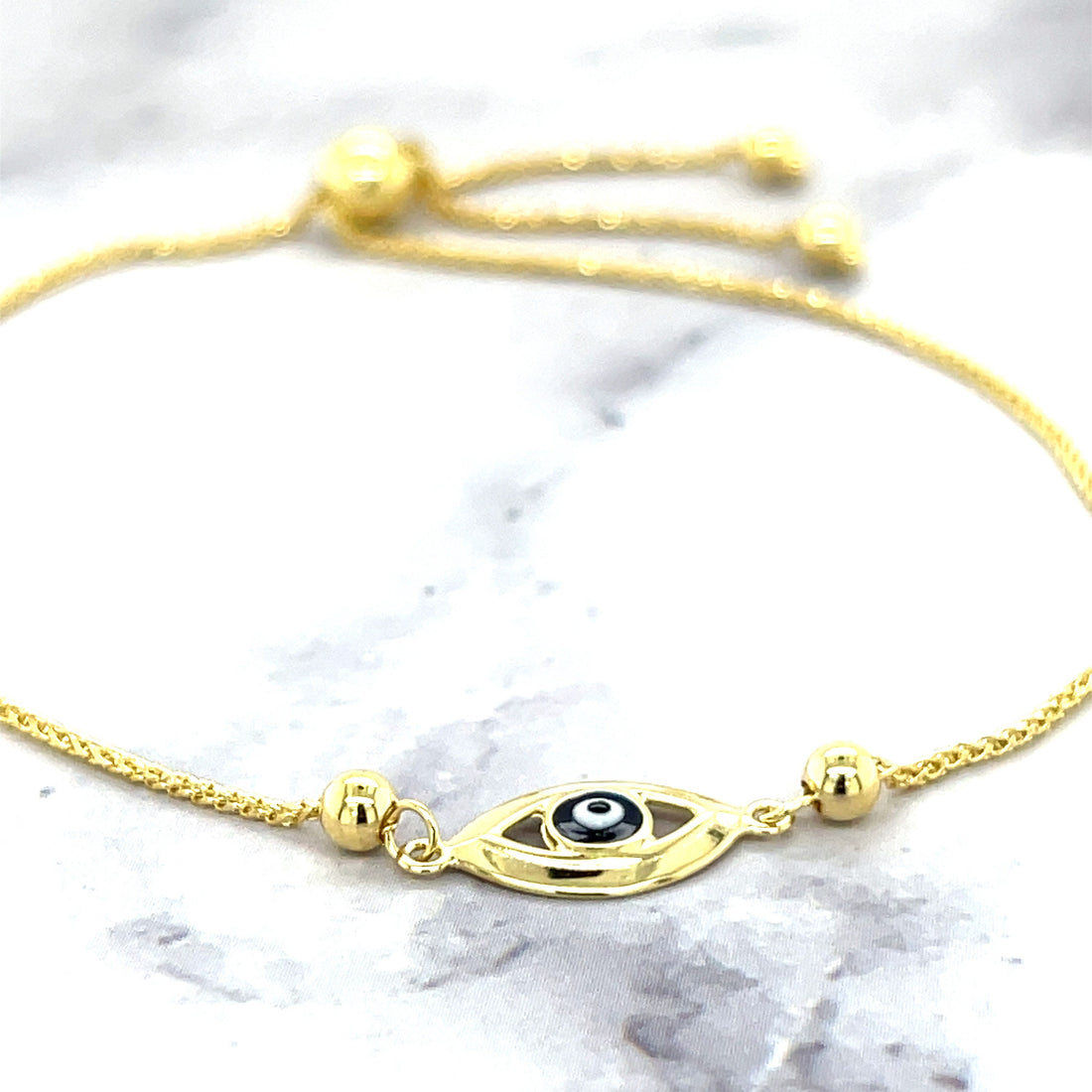 14K Yellow Gold 9.25" Evil Eye Friendship Wheat Chain Bracelet, Bolo Bracelet, Real Gold Bracelet, Women