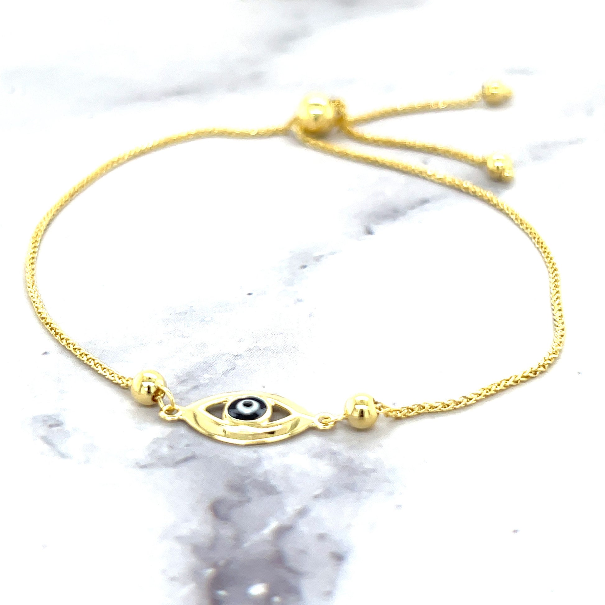 14K Yellow Gold 9.25" Evil Eye Friendship Wheat Chain Bracelet, Bolo Bracelet, Real Gold Bracelet, Women