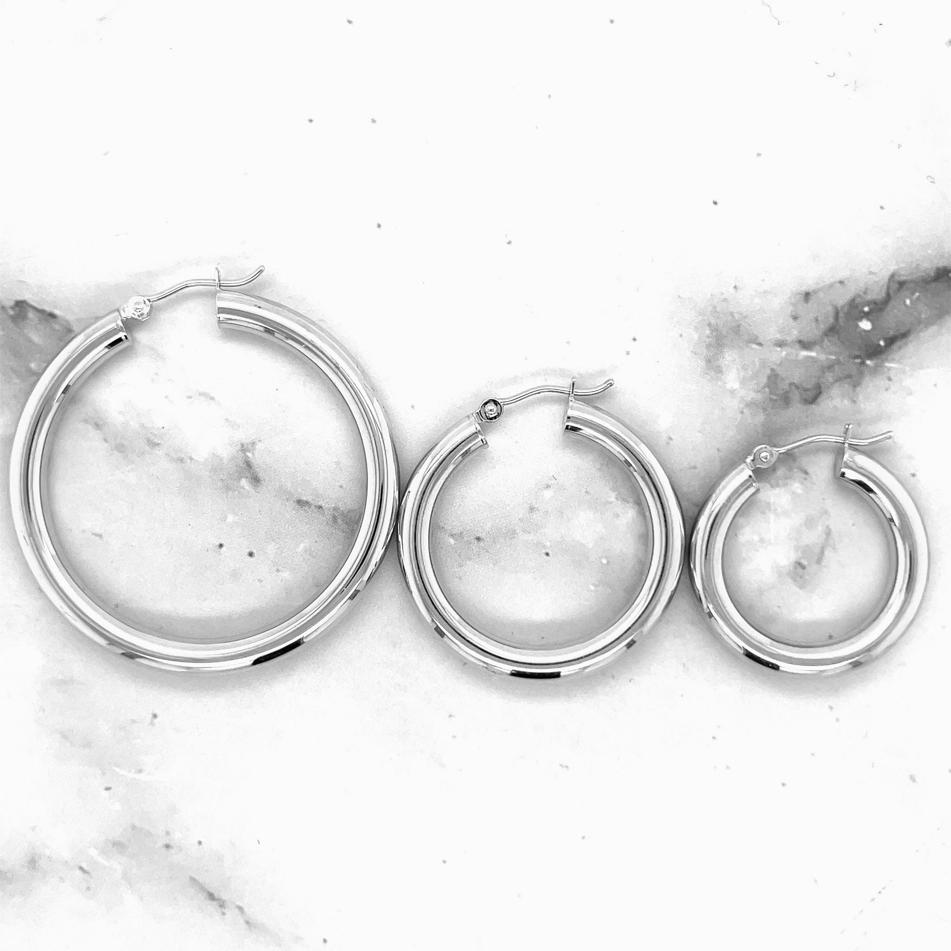 14K White Gold 25mm 30mm 40mm Hoop Earrings, 4mm Thick, Real Gold Hoops, Polished Hoops Earrings, Women