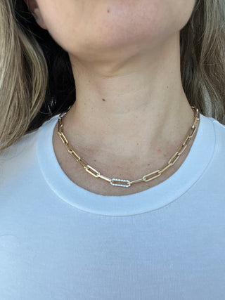 14K Yellow Gold Paperclip Necklace With One Diamond Link 0.30 Carat , 17", Diamond Paperclip Chain, Real Gold Bracelet, Women