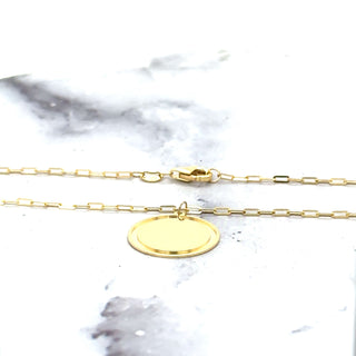 14K Yellow Gold Paperclip Chain With Engravable Round Tag, 18" Real Gold Paperclip Necklace, 15mm Gold Disc Pendant Chain, Women